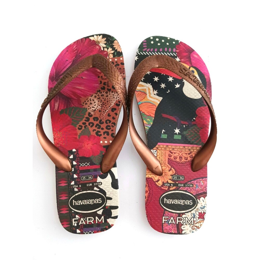 Havaianas X Farm Rio Flip Flops Tropical Jungle Toucan/ Floral/ Leopard US 6